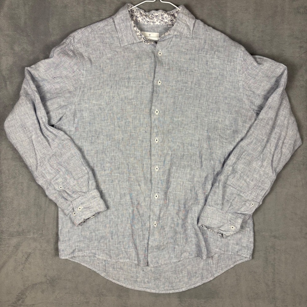 Toscano Firenze Mens XL Blue 100% Linen Button Down Shirt Floral Trim RN0103842